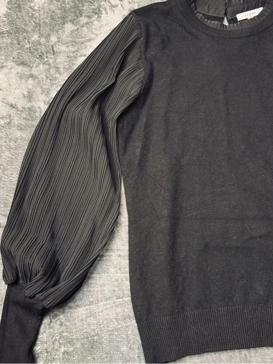 Sioni Black Crewneck Sweater with Pleated Sheer Balloon Sleeves - Picture 2 of 5